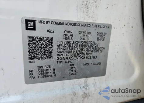 2019 Chevrolet Equinox Ls из США, поврежденный, VIN 3GNAXSEV0KS601783